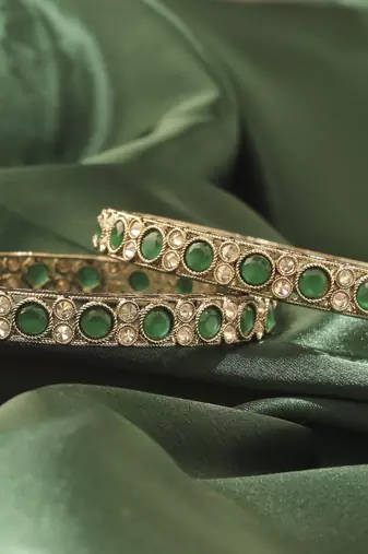 Round shape antique gold plated green uncut kundan stone set of 2 bangle set for women and girls
