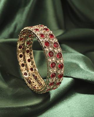 Round shape antique gold plated maroon uncut kundan stone set of 2 bangle set for women and girls 1