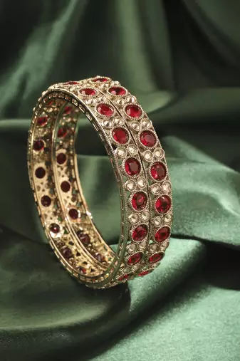 Round shape antique gold plated maroon uncut kundan stone set of 2 bangle set for women and girls
