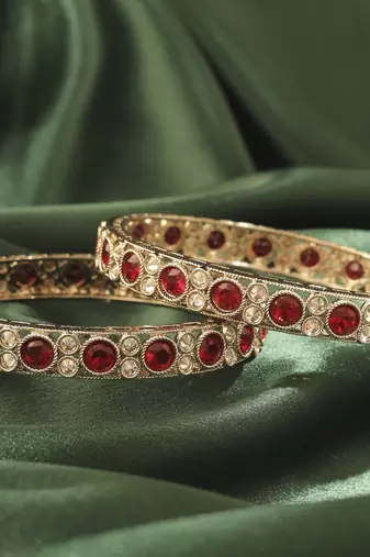 Round shape antique gold plated maroon uncut kundan stone set of 2 bangle set for women and girls
