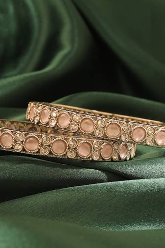 Round shape antique gold plated pink uncut kundan stone set of 2 bangle set for women and girls