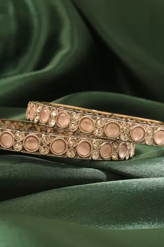 Round shape antique gold plated pink uncut kundan stone set of 2 bangle set for women and girls