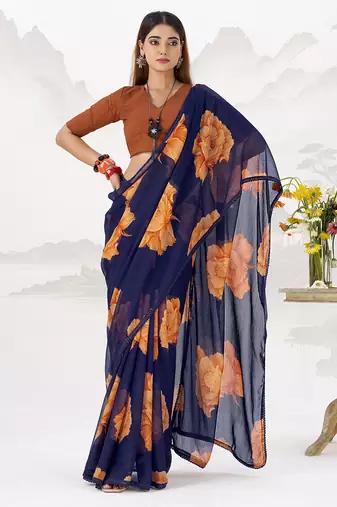 Sheer Elegance Chiffon Floral Saree with Delicate Lace Border