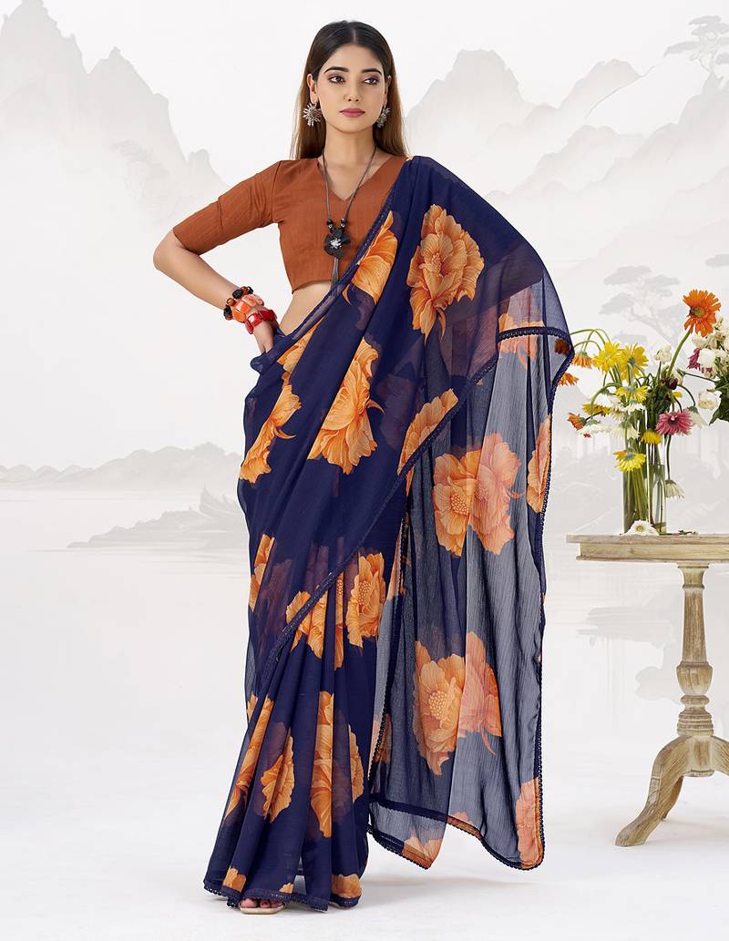 Sheer Elegance Chiffon Floral Saree with Delicate Lace Border