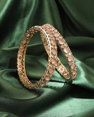 Round shape antique gold plated pink uncut kundan stone set of 2 bangle set for women and girls 2