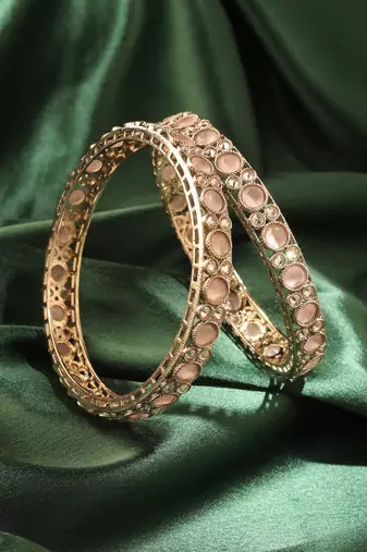 Round shape antique gold plated pink uncut kundan stone set of 2 bangle set for women and girls