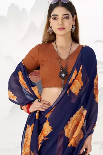 Sheer Elegance Chiffon Floral Saree with Delicate Lace Border