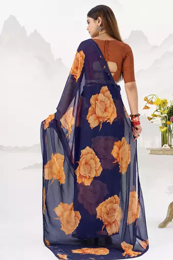 Sheer Elegance Chiffon Floral Saree with Delicate Lace Border