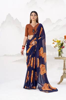 Sheer Elegance Chiffon Floral Saree with Delicate Lace Border 4