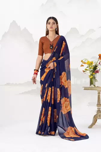 Sheer Elegance Chiffon Floral Saree with Delicate Lace Border