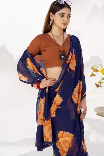 Sheer Elegance Chiffon Floral Saree with Delicate Lace Border