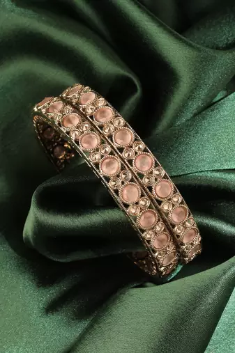 Round shape antique gold plated pink uncut kundan stone set of 2 bangle set for women and girls