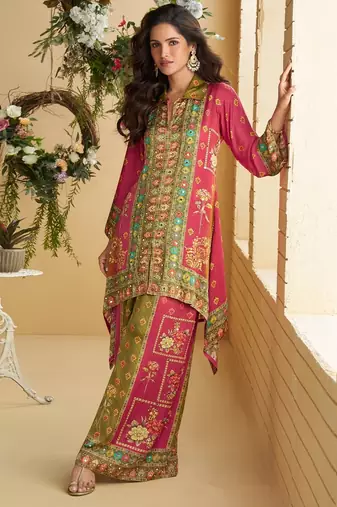 Magenta real premium digital crep silk readymade cord set with mirror work