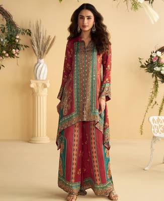 Red crep silk cord set with mirror work 1