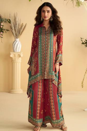 Red crep silk cord set with mirror work