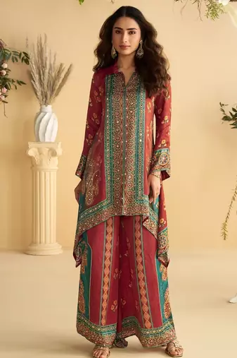 Red crep silk cord set with mirror work