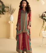 Red crep silk cord set with mirror work