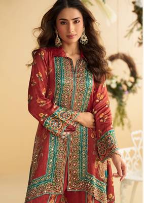 Red crep silk cord set with mirror work 2