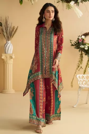 Red crep silk cord set with mirror work