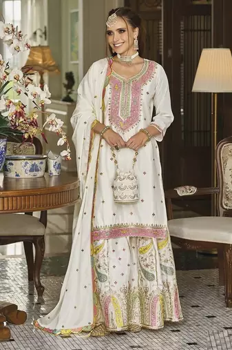 White embroderied silk fully stitched palazzo suit