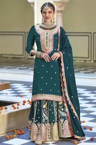 Dark green embroderied silk palazzo suit