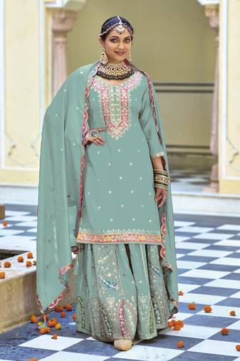 Sky blue embroderied silk palazzo suit