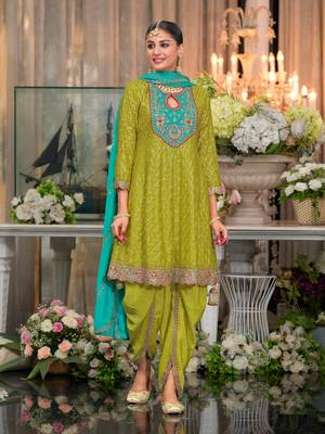 Green embroderied silk fully stitched dhoti suit 1