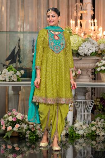 Green embroderied silk fully stitched dhoti suit