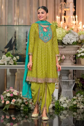 Green embroderied silk fully stitched dhoti suit