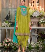 Green embroderied silk fully stitched dhoti suit