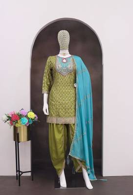 Green embroderied silk fully stitched dhoti suit 3