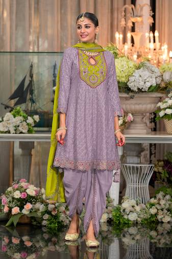 Lavender embroderied silk dhoti suit