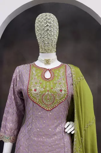 Lavender embroderied silk dhoti suit