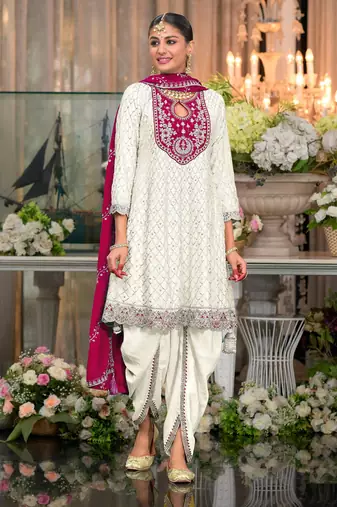 White embroderied silk dhoti suit