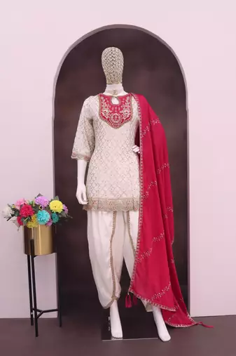 White embroderied silk dhoti suit
