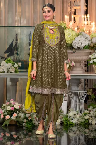 Mehndi embroderied silk dhoti suit