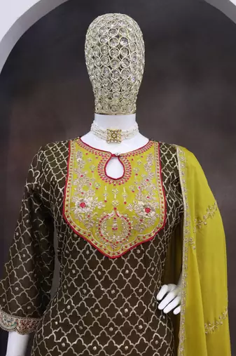 Mehndi embroderied silk dhoti suit