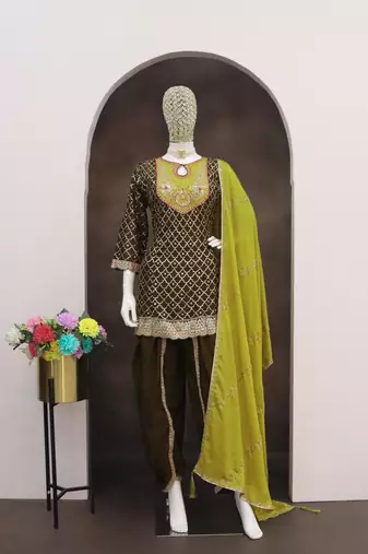 Mehndi embroderied silk dhoti suit