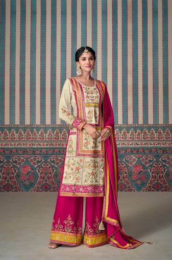 Pink embroidered silk fully stitched plazo suit