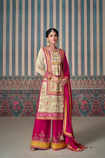 Pink embroidered silk fully stitched plazo suit