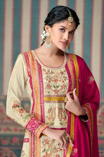 Pink embroidered silk fully stitched plazo suit