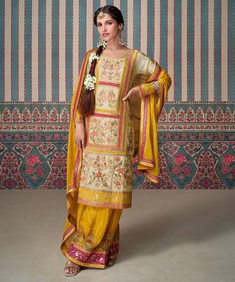 Yellow embroidered silk palazzo suit 1