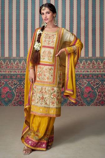 Yellow embroidered silk palazzo suit