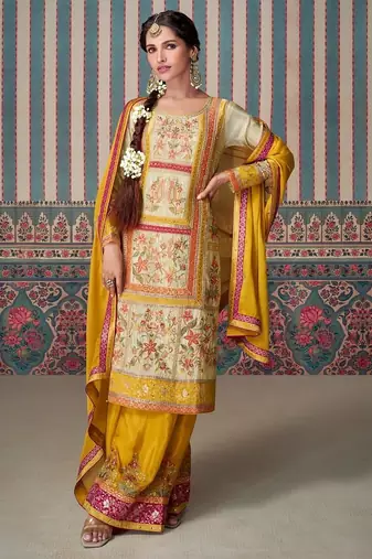 Yellow embroidered silk palazzo suit