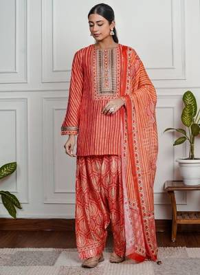 Red art silk printed salwar-kameez 1