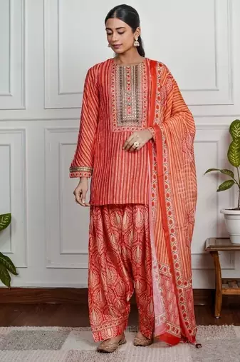Red art silk printed salwar-kameez