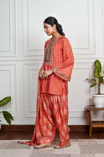 Red art silk printed salwar-kameez