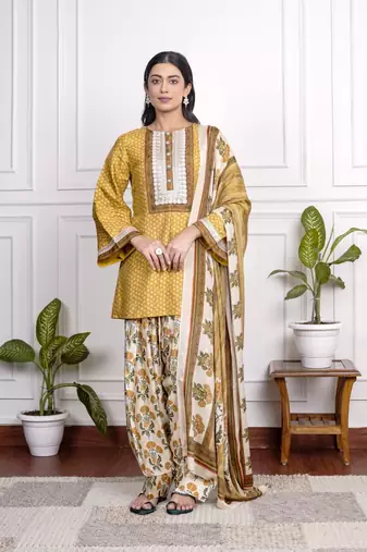 Yellow art silk printed salwar-kameez