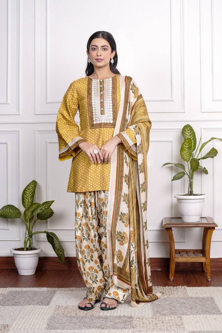 Yellow art silk printed salwar-kameez