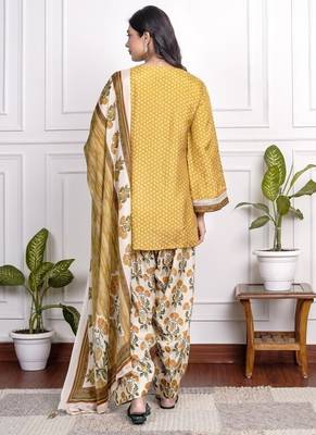 Yellow art silk printed salwar-kameez 3